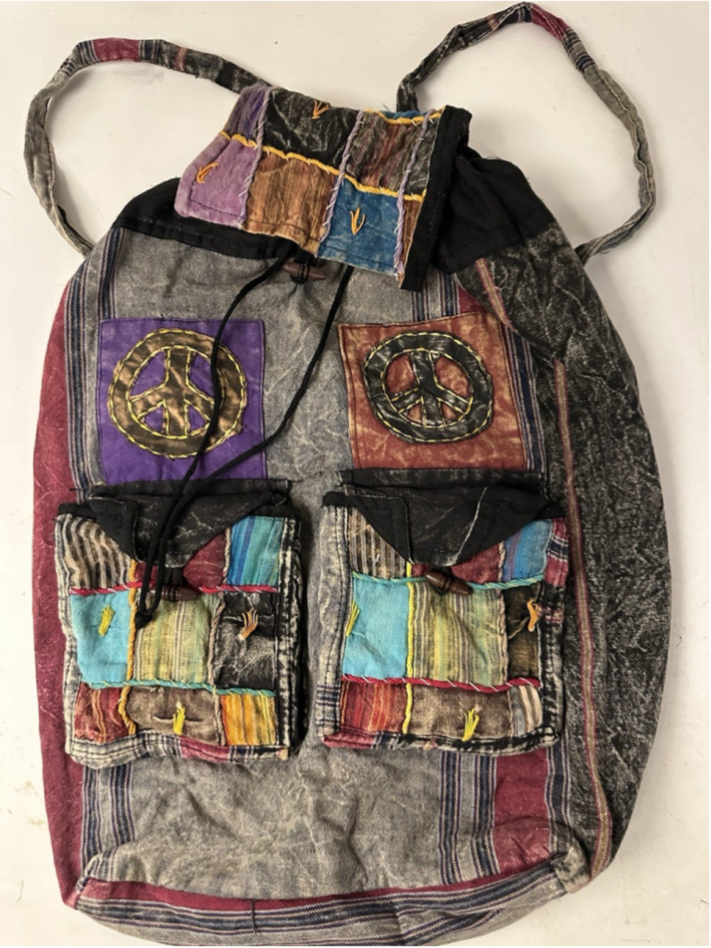 Boho Hippie Patchwork Drawstring Backpack Shoulder Bag Peace Sign Multi-Color